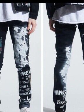 Embellish Riot Standard Black Denim Graphic Skinny Jeans Sz 40 Urban Streetwear